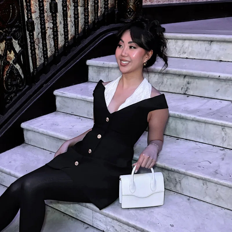 MQTIME  -  Black and White Patchwork Halterneck Mini Dress Elegant Outfits Button Up A Line Dresses Summer Y2k Woman New