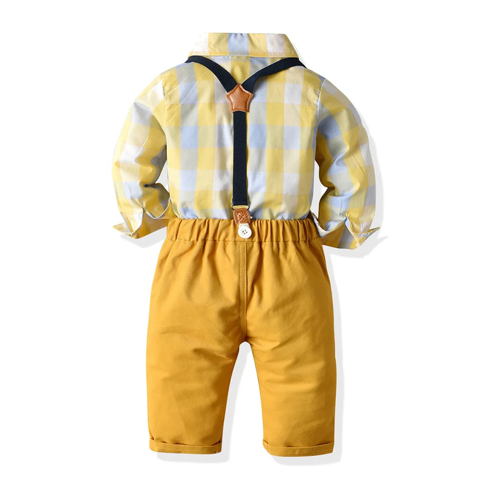 MQTIME  -  Boy Formal Suit Party Wear Spring 1 2 3 4 5 6 Years Kids Clothing Outfit Plaid Shirt Pants Suspender Boys Clothes Set