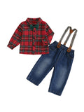 MQTIME  -  Boys Winter 2Pcs Outfits Long Sleeve Lapel Checkered Shirts Denim Overalls Sets with Adjustable Suspenders