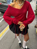 MQTIME  -  Elegant Knitted V-neck Red Sweater Women Vintage 3D Flower Drawstring Long Sleeve Sweaters Female Christmas Chic Street Knitwear