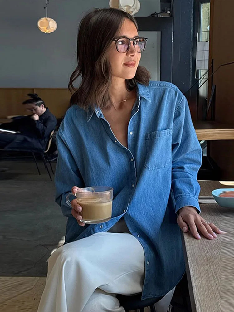 MQTIME  -  Casual Denim Blue Shirt Women Spring Summer Sun Protection Cardigan Solid All-match Shirts With Button Lady Streetwear 2025