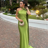 MQTIME  -  Elegant Satin Long Dresses Women Chic Fashion Solid Slim High Waits Female Robe With Ribbon Summer Lady Party Vestidos 2025 New
