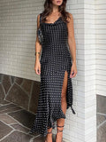 MQTIME  -  Elegant Halter Swing Neck Vacation Dress Women Sexy Split Sleeveless Slim Beach Party Dress Fashion Polka Dot Sling Long Dresses