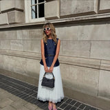 MQTIME  -  Casual Patchwork Pleated Dress Women Office Sashes O-neck Sleeveless Button Dresses Female 2025 Summer Fall Evening Robes Lady