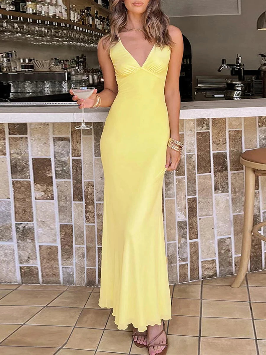 MQTIME  -  Women Summer Elegant Sleeveless V Neck Backless Hole Cutout Solid Color Long Evening Party Wedding Mermaid Long Dress