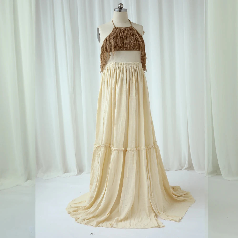 MQTIME  -  Maternity Photography Props Dress Linen Cotton Long Skirt&Knit Camisole Top Pairing Wilderness Style Photography Clothing