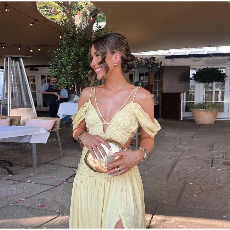MQTIME  -   Elegant Women's Butter Yellow Maxi Dress Off-Shoulder  Plunge Ruched Waist Side Cutout High Side Slit Formal Evening Party Gown