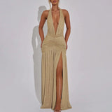 MQTIME  -  Sexy Deep V-neck Halter Slim Evening Dress Women Fashion Bright Silk Hight Waist Long Dress Elegant Sleeveless Split Party Dress