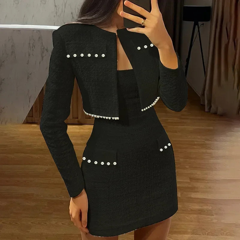 MQTIME  -  Y2k Pearl Dress Sets Women Autumn Long Sleeve Coat And Mini Dress Two Piece Sets Femme Sexy Strapless Dress Matching Sets