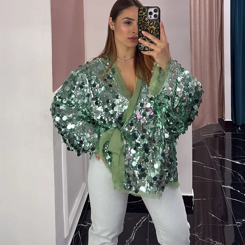 MQTIME  -   Luxury Sequin Oversized Wrap Jacket Fringe Trim Tie-Waist V-Neck Sparkly Coat Women's Casual Party Club Streetwear Outfits