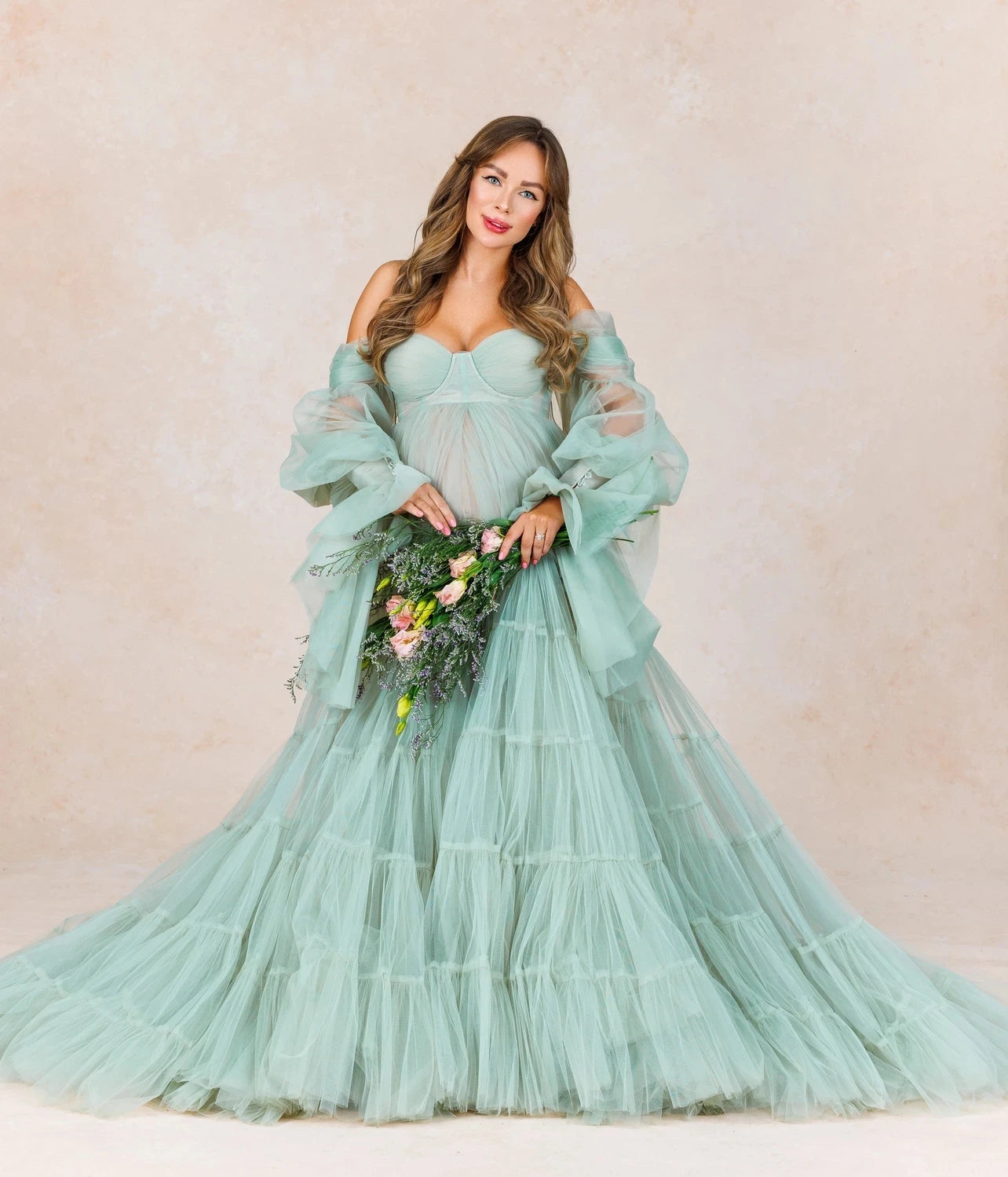 Mqtime  Elegant Tulle Maternity Dress for Photoshoot Ruffle Puff Sleeves Bridal Robe Maternity Gowns Green Pregnancy Photography Dresses