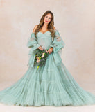 Mqtime  Elegant Tulle Maternity Dress for Photoshoot Ruffle Puff Sleeves Bridal Robe Maternity Gowns Green Pregnancy Photography Dresses