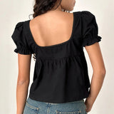 MQTIME  -  Women's Y2K Cute Ruffled Puff Short Sleeve Solid Color Cropped T-Shirts Square Neck Summer Babydoll Tops Streetwear