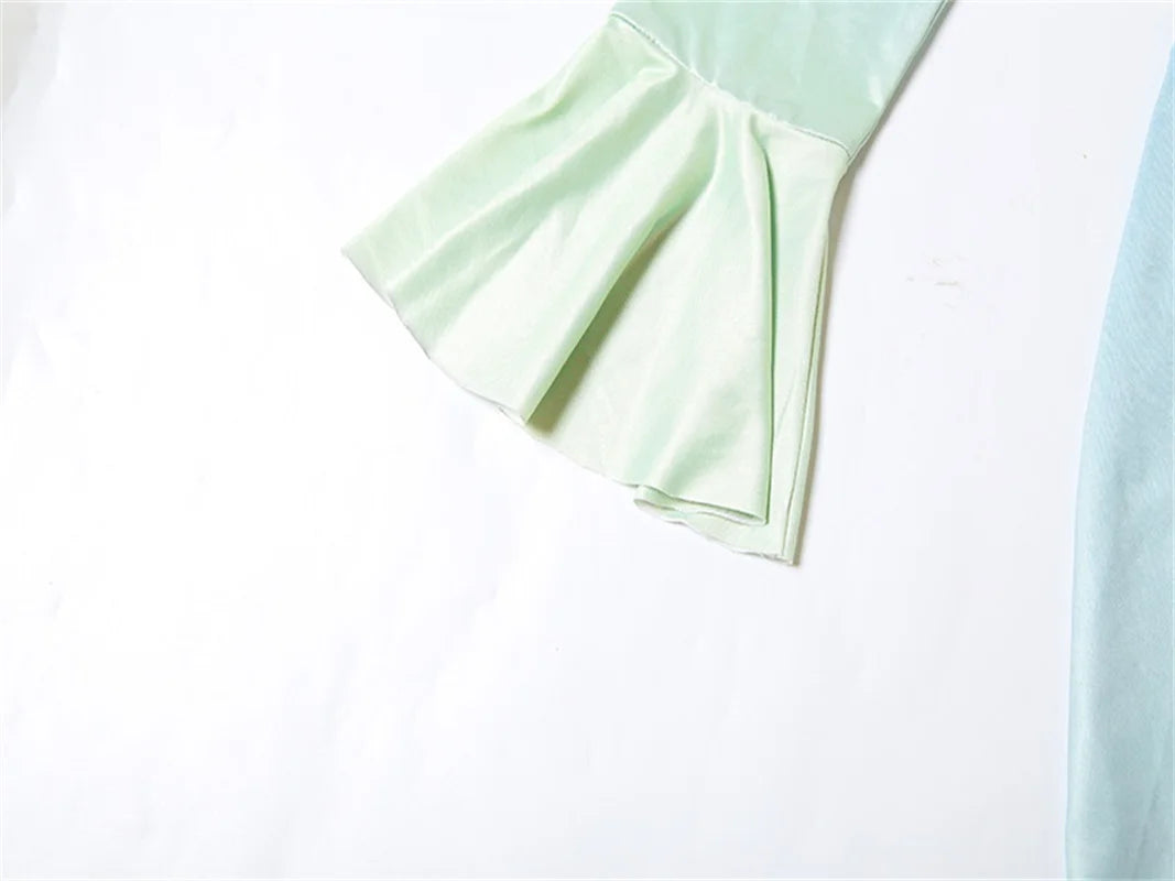 MQTIME  -  Gradient Color Flared Sleeve Women's Evening Dress Deep-V Neck Pleated Bandage Gown Blue Slim Party Skirt New Arrival In Stock