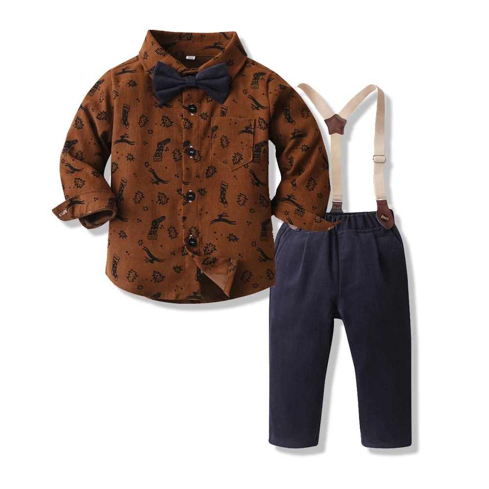 MQTIME  -  Christmas Toddler Kids Boys Gentleman Clothing Sets Long Sleeve Cartoon Bowtie Casual Shirts+Suspenders Pants Outfit