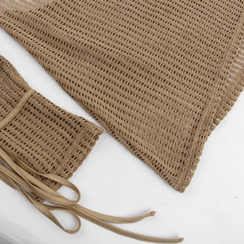 MQTIME  -  V Neck Backless Beach Mini Dress For Women Knitted Fishnet See Through  Long Sleeve Club Sexy Elastic Casual Party Vestidos