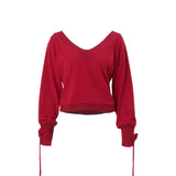 MQTIME  -  Elegant Knitted V-neck Red Sweater Women Vintage 3D Flower Drawstring Long Sleeve Sweaters Female Christmas Chic Street Knitwear