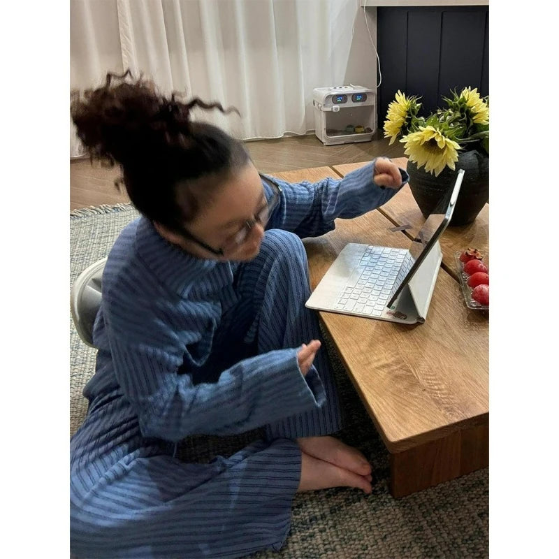 MQTIME  -  Ins Korean Simple Striped Pajamas Women's Autumn and Winter New Loungewear Large Size Suit Can Be Worn Outside Comfortable