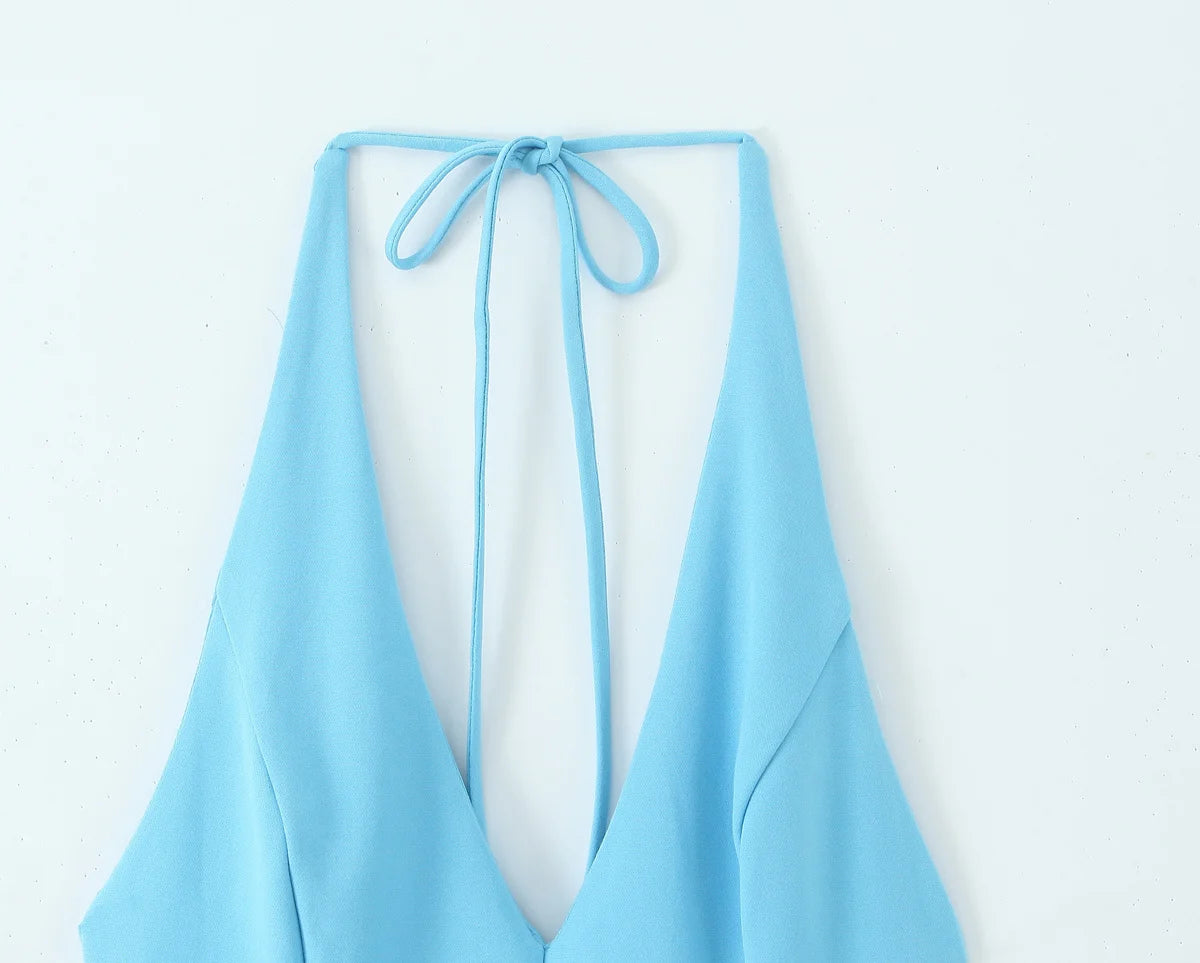 MQTIME  -  Summer New Arrivals Women's Wear Pure Color Temperament Sexy Backless Wave-Style Wide-Sleeve Halter Short Dress