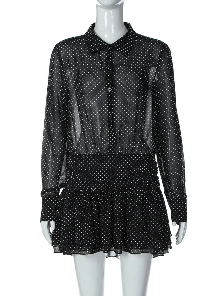 MQTIME  -  New Fashionable Polo Collar Patchwork Dot Mini Dress For Women Patchwork See-Through Elegant Party Dress Women's Autumn Dress