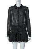MQTIME  -  New Fashionable Polo Collar Patchwork Dot Mini Dress For Women Patchwork See-Through Elegant Party Dress Women's Autumn Dress
