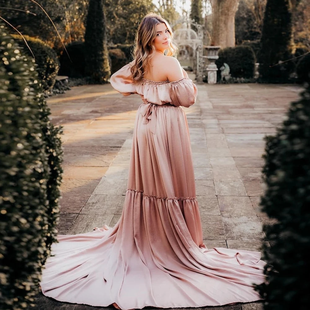 MQTIME  -  Maternity Photography Gown Soft Satin Off Shoulder Pregnant Woman Two piece set Dresses Bohemian Photo Shooting Pregnancy Dress