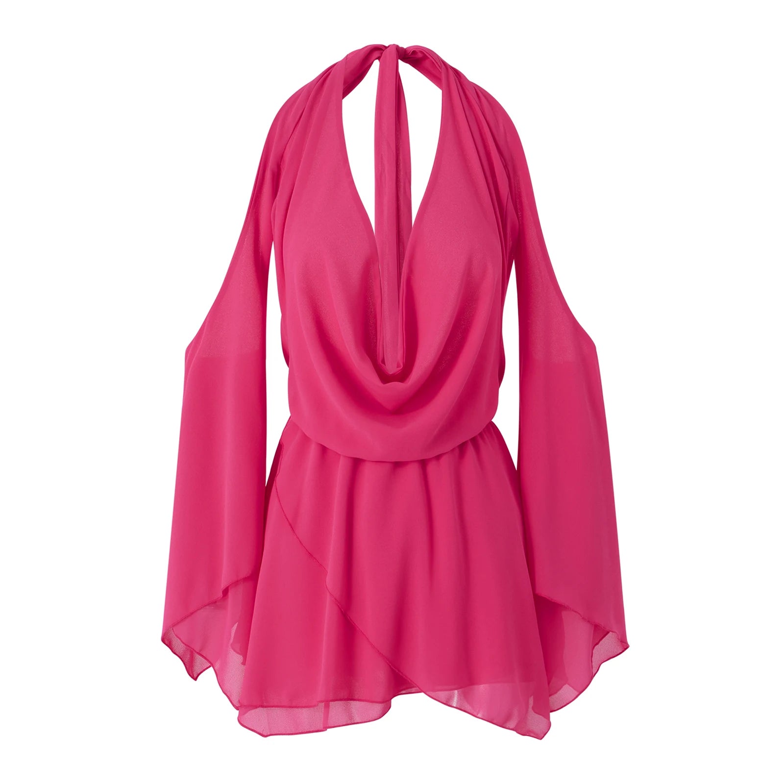 MQTIME  -  Summer Womens Sexy Solid Color Tie Up Hanging V-Neck Cold Shoulder Flare Long Sleeve Backless Short Mini Ruffle Dress