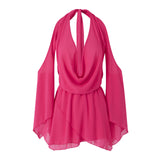 MQTIME  -  Summer Womens Sexy Solid Color Tie Up Hanging V-Neck Cold Shoulder Flare Long Sleeve Backless Short Mini Ruffle Dress