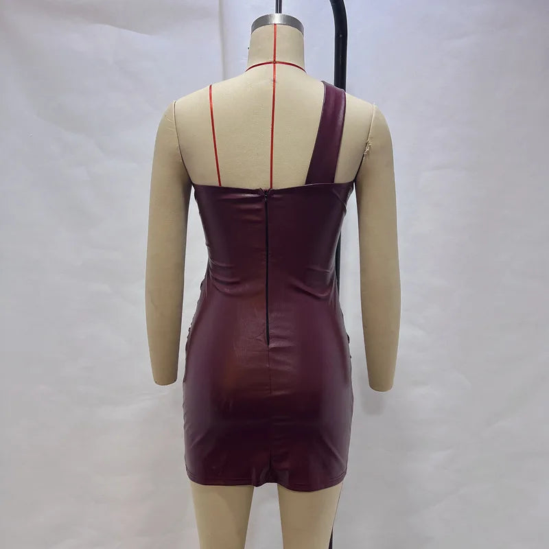 MQTIME  -  Clubwear Sexy Pu Leather Bodycon Dress Slim Slash Neck Sleeveless Mini Dresses For Women 2025 Summer Fashion Party Robes