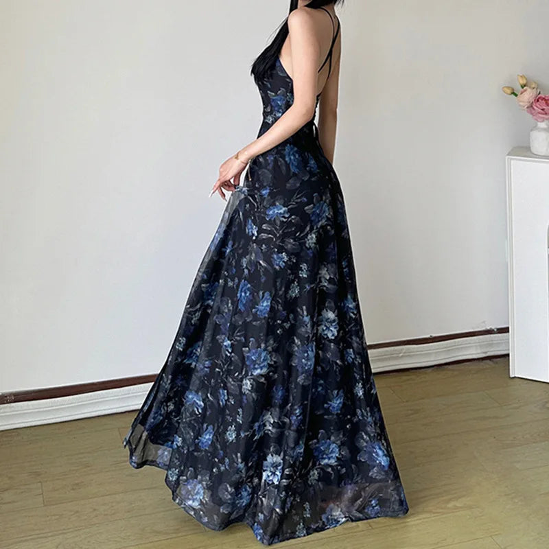 MQTIME  -  Retro printed cross backless mesh double-layer camisole skirt, sexy sexy slit waist long skirt for spicy girls