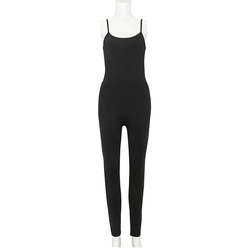 MQTIME  -  Spaghetti Strap Low Cut Black Skinny Solid Stretchy Summer Jumpsuits Backless Streetwear One Piece Romper For Women