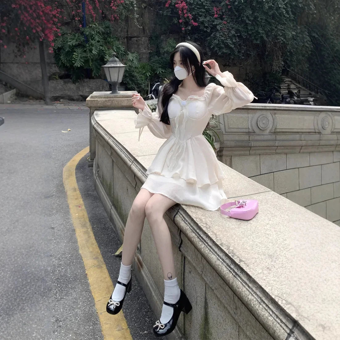 MQTIME  -  Summer plus Size Women's Dress Gentle Style Square Collar High Waist Pleated Mini Skirt Elegant Skirts Full Sleeve Other Sleeve