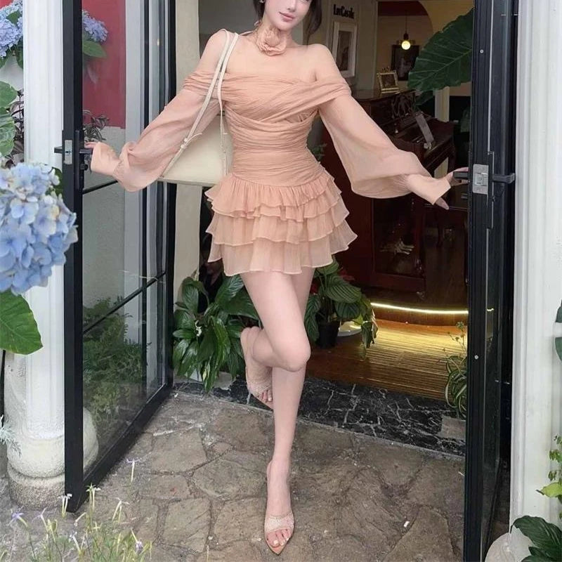 MQTIME  -  French Style Off Shoulder Lantern Sleeve Dress Women Slim Fit Waist A-Line Ruffled Cake Dress Prom Floral Tie Up Bustier Dresses