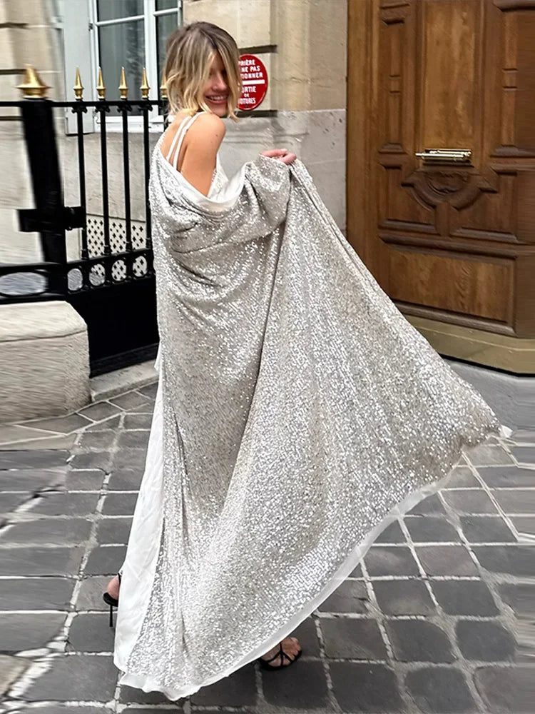 MQTIME  -   Elegant Sequin Women's Cardigan Chic Full Sleeve Oversize Long Jackets Female 2025 Autumn Fashion New Lady High Street Outwears