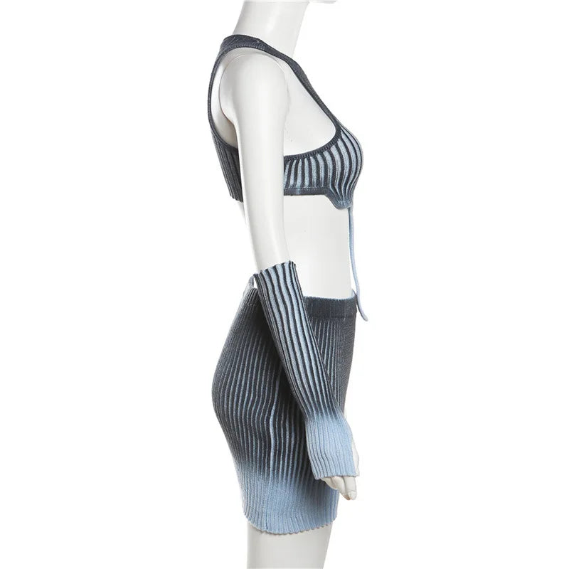 MQTIME  - Gradient Knitted 3 Piece Dress Sets Women Finger Sleeve Cover + Irregular Vests Crop Top + Bodycon Mini Skirts Streetwear Suits