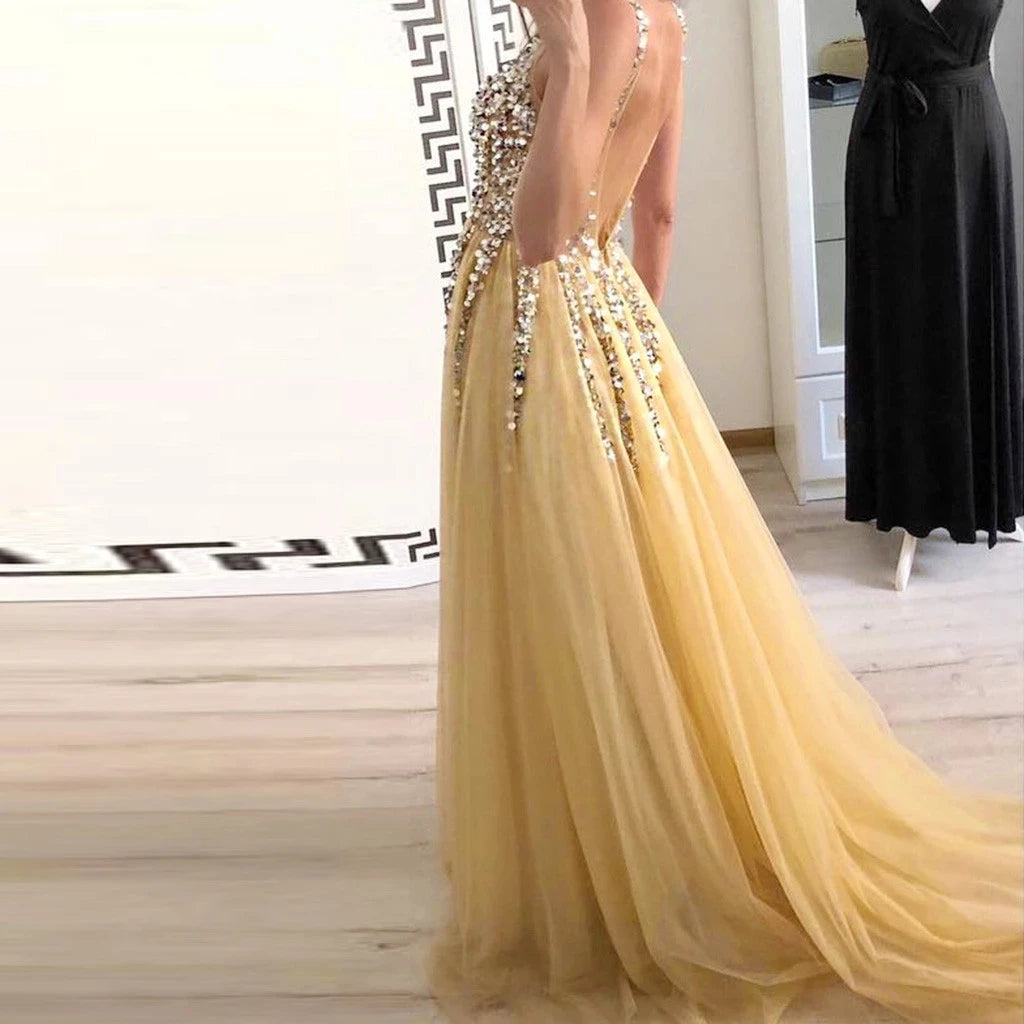 MQTIME  -  Sexy Women Front And Back V-Neck Sequin Mopping Dovetail Dress For Photography Props Summer Beach Front Back Split Clothing