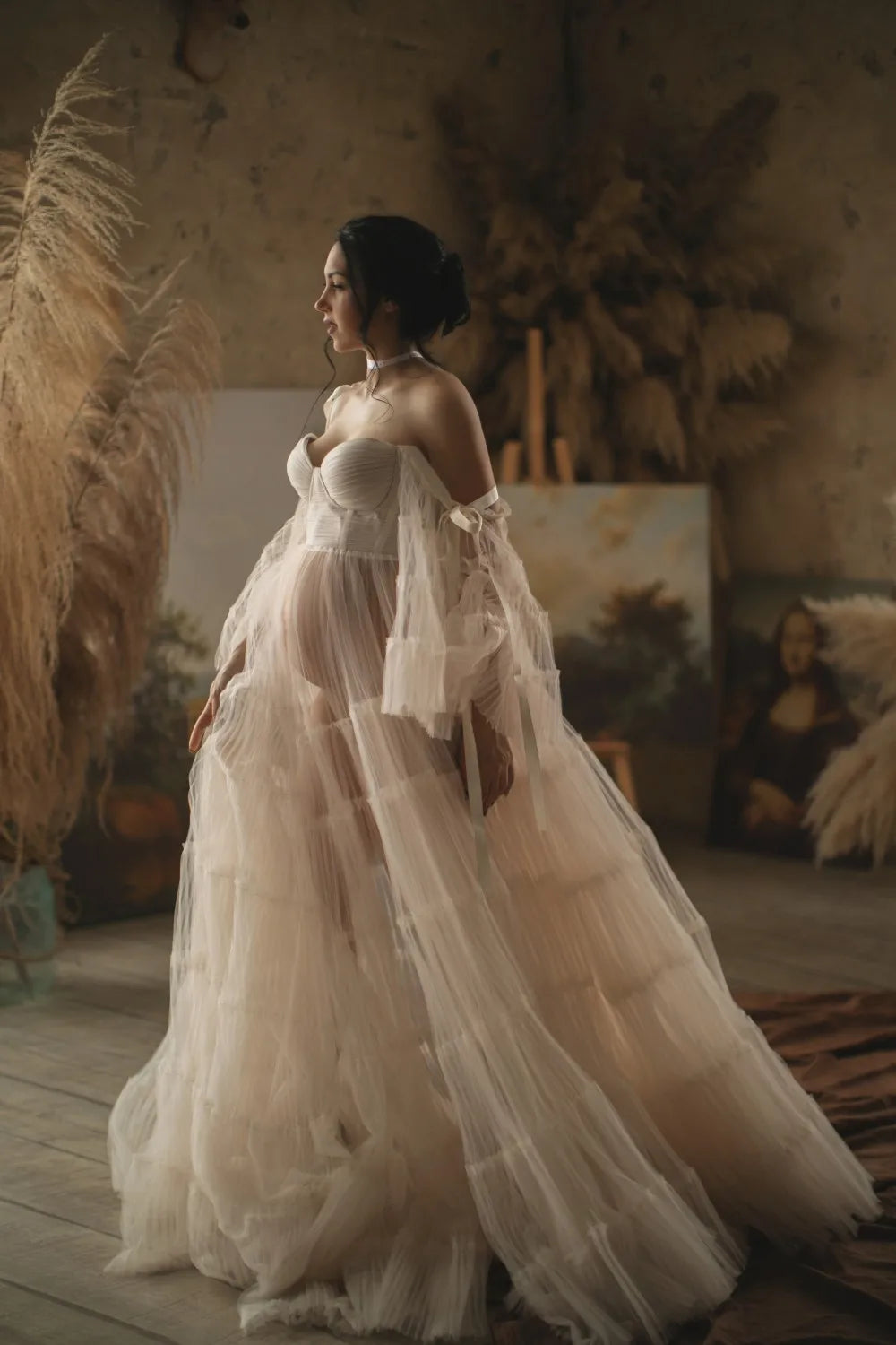 Mqtime Charming See Thru Pleated Long Tulle Gowns Tutu Maternity Photoshoot Outfit Flare Sleeves A-line Women Dress Lace Up Back