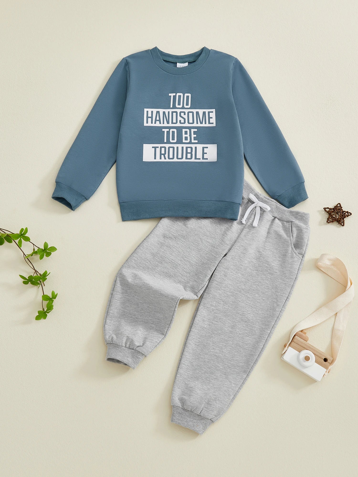 MQTIME  -  Infant Boys Stylish Autumn Ensemble Trendy Long Sleeve Top with Printed Letters and Matching Solid Trousers - 2 Piece Set