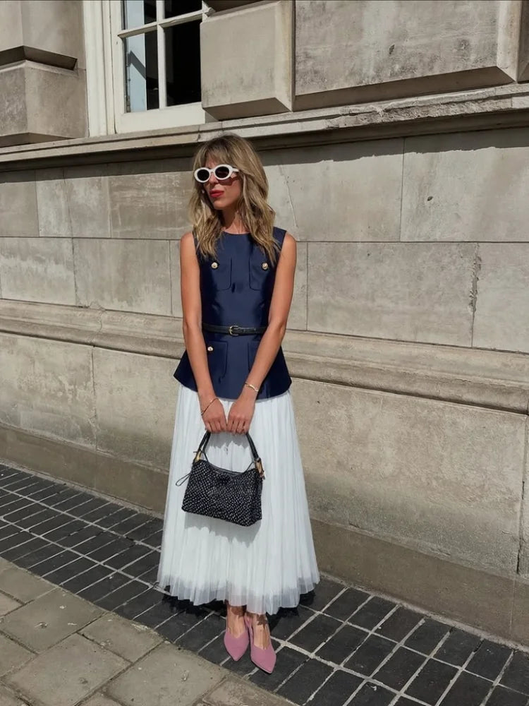 MQTIME  -  Casual Patchwork Pleated Dress Women Office Sashes O-neck Sleeveless Button Dresses Female 2025 Summer Fall Evening Robes Lady