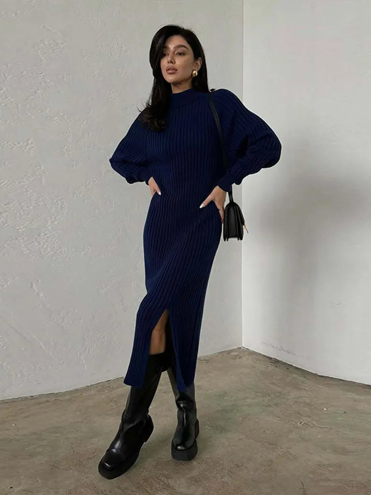 MQTIME  -  Ribbed Knitted Midi Dress Women Fashion High Neck Full Sleeve Side Slit Dresses 2025 Autumn Winter Female Daily Casual New Robe