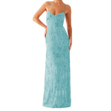 MQTIME  -  Women Beading Sequins Flower Embroidery Sleeveless Summer Cross Tied Backless Spaghetti Strap A-line Cami Long Dress