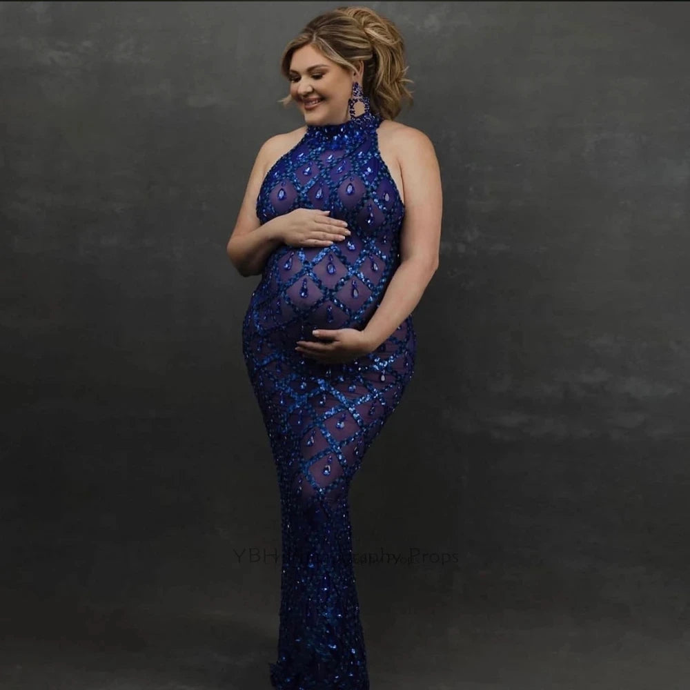 MQTIME  - Maternity Photography Sexy Shiny Goddess Bodysuit Rhinestone Maternity Dress For Photo Shoot