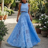 MQTIME  -  Women 2Pcs Outfits Set Sleeveless Lace Trim O Neck Eyelet Hollow Out Crop Tank Top+High Waist A-line Long Flowy Skirt