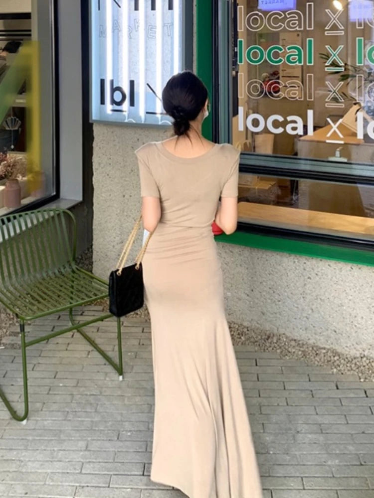 MQTIME  -  Korean Style Bodycon Dress Women Summer Sexy V-neck Short Sleeve Casual Long Dresses Ladies Elegant Side Split Dress