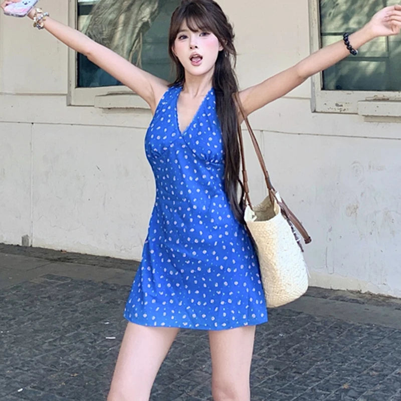 MQTIME  -  Pure Cotton Lace Floral Dress Women Summer Beach Blue V Neck Sexy Mini Dress Sleeveless Halter Casual Vacation Fashion Dress