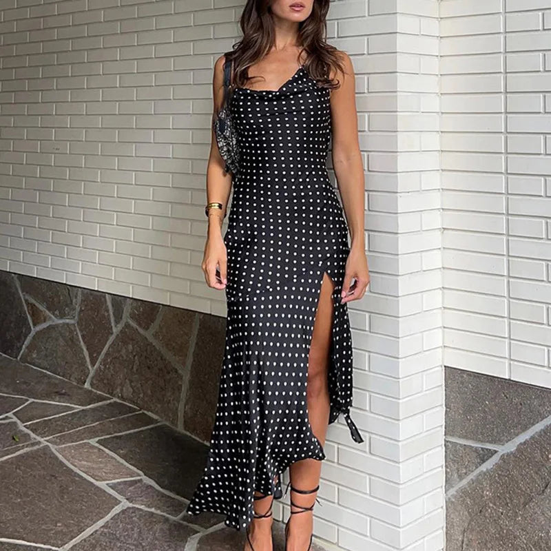 MQTIME  -  Elegant Halter Swing Neck Vacation Dress Women Sexy Split Sleeveless Slim Beach Party Dress Fashion Polka Dot Sling Long Dresses