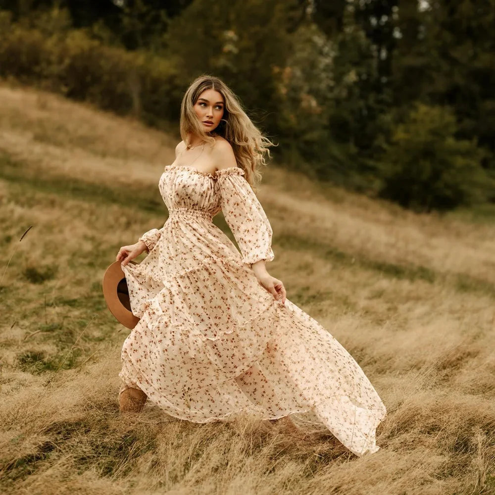 MQTIME  -  Sweet Maternity Dress Floral Chiffon One Shoulder Dress Elegant Pregnancy Dress Photoshoot Photography Dress For Women