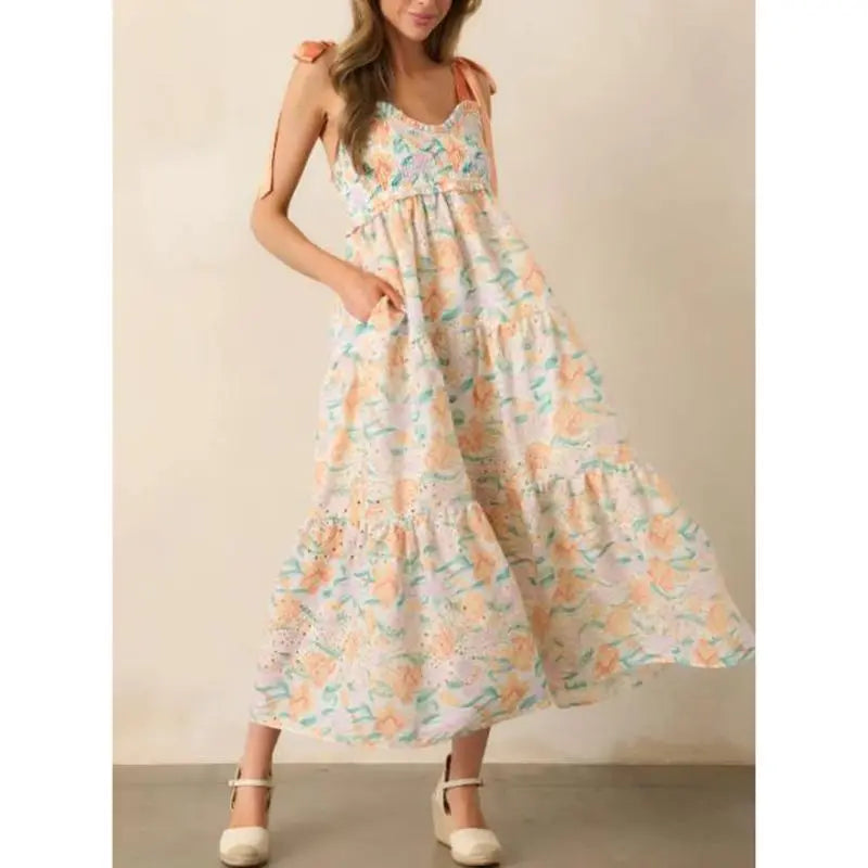 MQTIME  -  Women Summer Straps Tied Shoulder Sleeveless V-Neck Smocked Ruffle Trim Floral Print Swing A-line Tank Long Dress