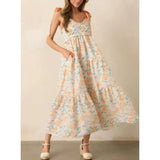 MQTIME  -  Women Summer Straps Tied Shoulder Sleeveless V-Neck Smocked Ruffle Trim Floral Print Swing A-line Tank Long Dress