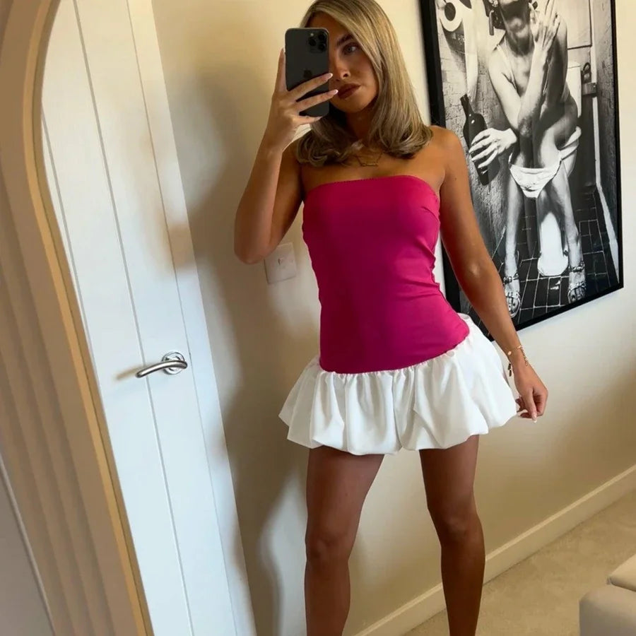 MQTIME  -  Women's Elegant Sexy Summer Strapless Solid Color Low Waist Puff Bubble Party Club Short Mini Dress Beach Streetwear